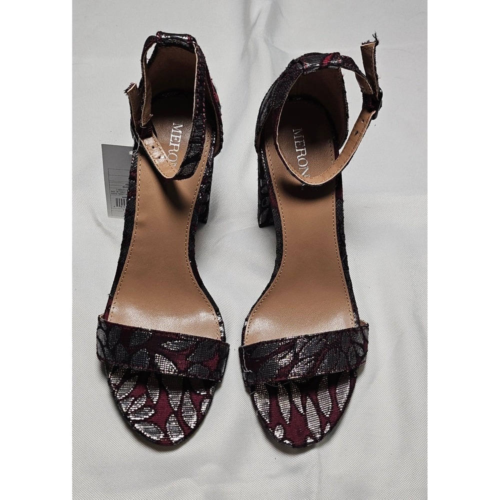 Merona Burgundy Floral‎ Lace Block Heel Ankle Strap Sandals Shoes Size 7.5